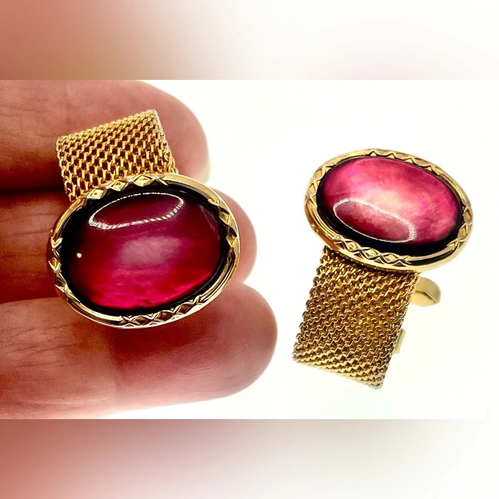 Vintage Gold Tone Mesh Wrap Around Cufflinks Red Cabochon Center